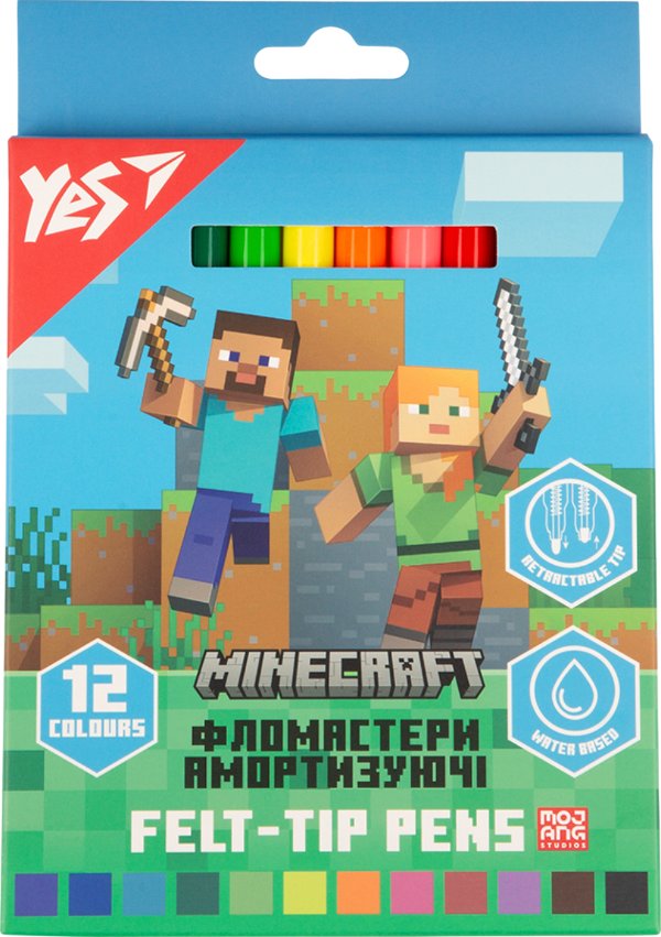 Фломастери YES 12 кольорів Minecraft, амортизуючі