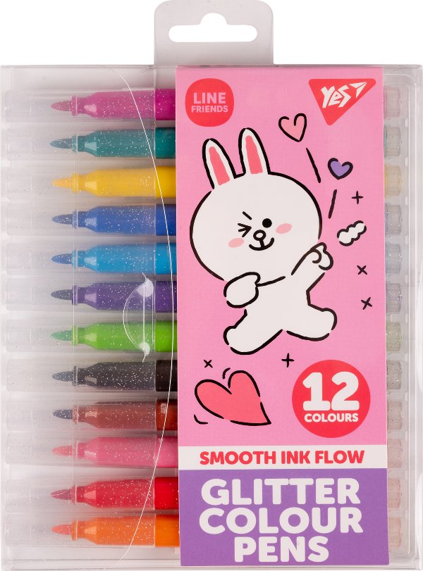 Фломастери YES 12 кольорів Line Friends, гліттер