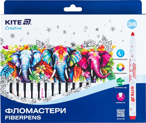 Фломастери набір 36 штук Kite Creative Superwashable.
